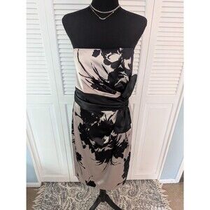 WHBM Dress Womens 12 Beige Black Floral Satin Bow Strapless Formal Cocktail Glam